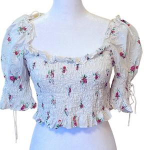 For Love & Lemons “Tarte” Smocked Eyelet Crop Top XL | Puff Sleeve Cottagecore